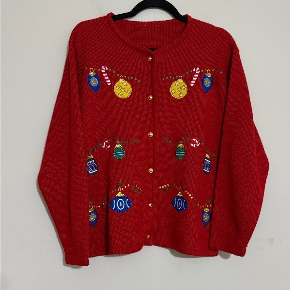 Vintage Christmas Festive Red knit Sweater cardigan women’s XL Holiday Ornaments